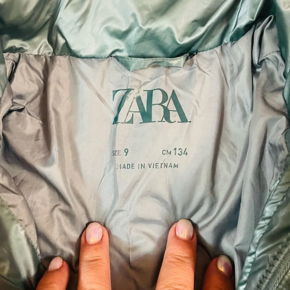 Zara Green Clover Metallic Waterproof Puffer Jacket Size 9 134 Cm Zip Coat